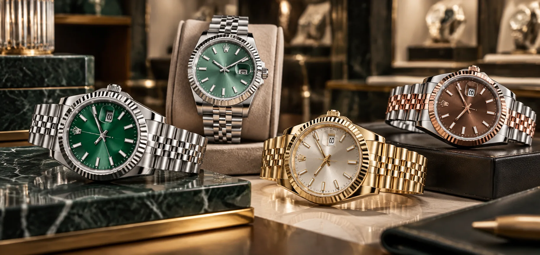 Rolex Datejust reference number guide: four Datejust watches with fluted bezels on Jubilee bracelets in green, mint green, silver on yellow gold and chocolate Everose Rolesor