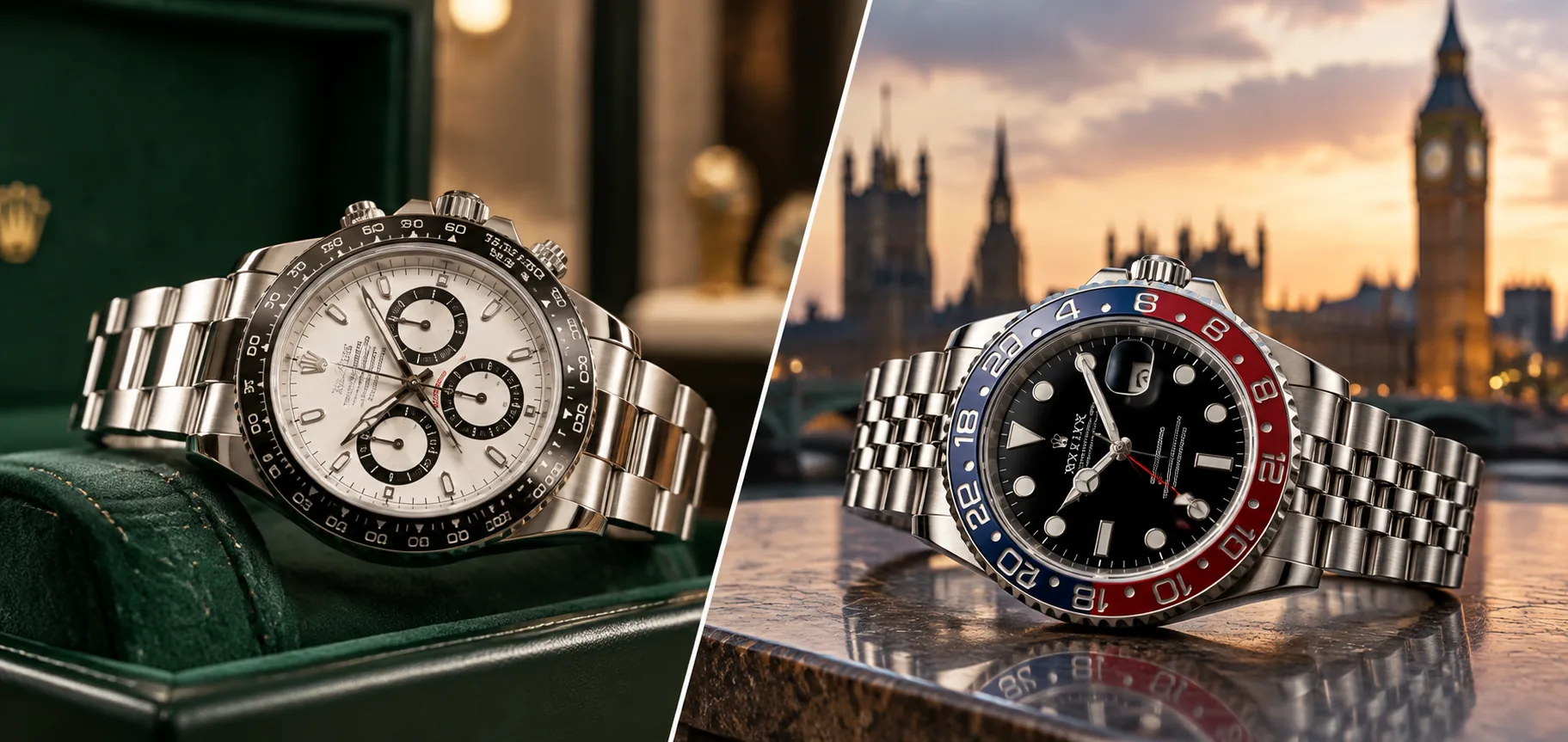 Rolex Daytona vs GMT-Master II: a Daytona panda dial chronograph in a green Rolex box beside a GMT-Master II Pepsi on a Jubilee bracelet with Big Ben at sunset
